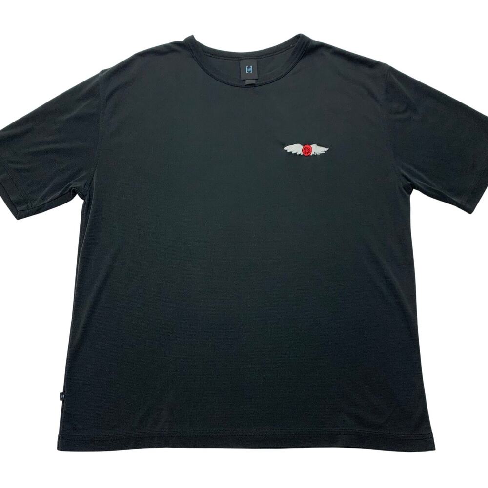 i/d Mens Large Black Tee Shirt Polynosic Crew Neck 13 Wings Embroidery